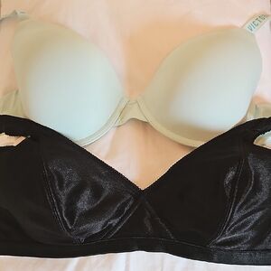 36C Vintage Shiny Black Bra Plus Victoria's Secret Mint Bra